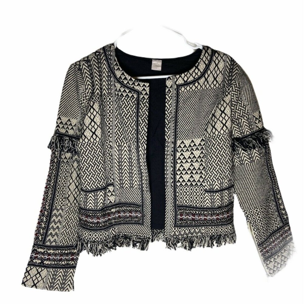 Fringed Textured Open-Front Blazer Jacket - Black & Cream
